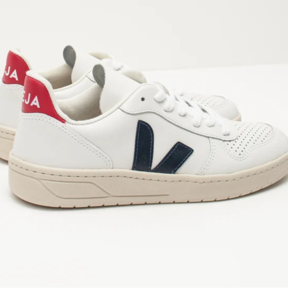 Veja White and Blue Sneakers with Red Heel